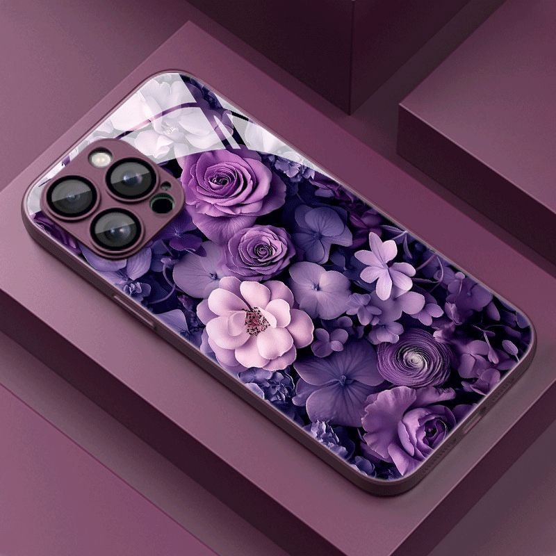 TEMU Phone Case: Full-cover Purple Floral Pattern Tempered Glass Phone Case For Iphone 16/16 Pro/16 Pro Max/16 Plus/ Plus/15 Pro/15 Pro Max, 14/14