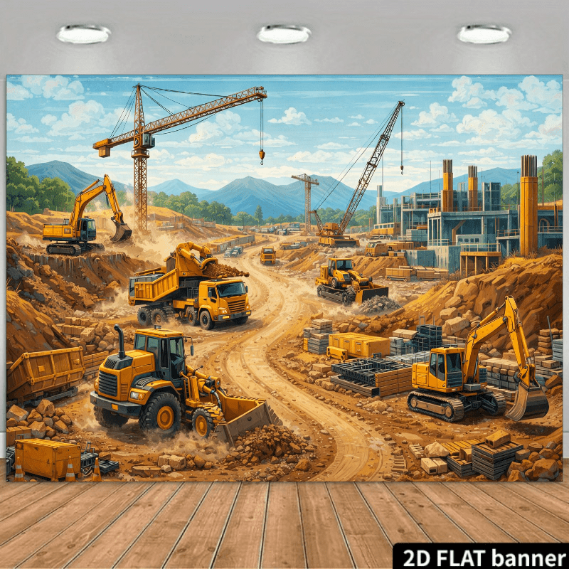 TEMU 2d Flat Industrial Style Themed Backdrop, Featuring Large Tower Crane, Orange Excavator, Orange Dump Truck, Concrete Mixer, , Piles Of Earth And