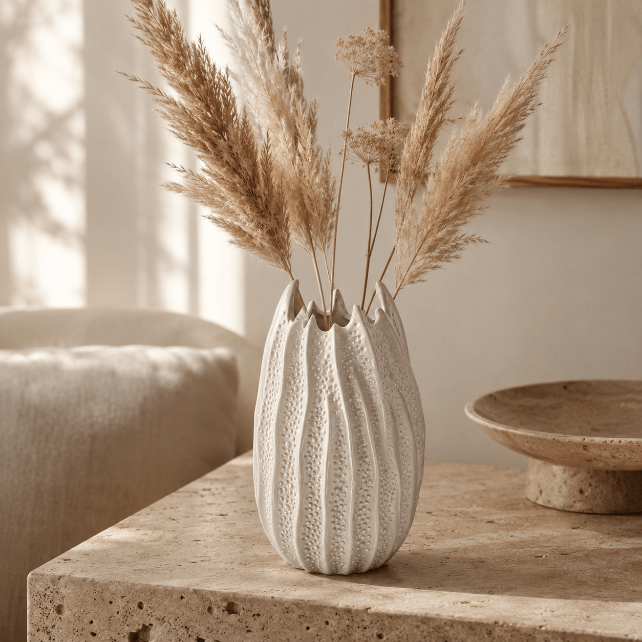 Sea Urchin Ceramic Vase Suitable for Bohemian & Nordic Decor - Modern Minimalist Round Cylindrical Urchin Vase, White Pattern Tabletop Centerpiece for Dried Flowers, Sea-Themed Home Ornament for Living Room, Coastal Gift