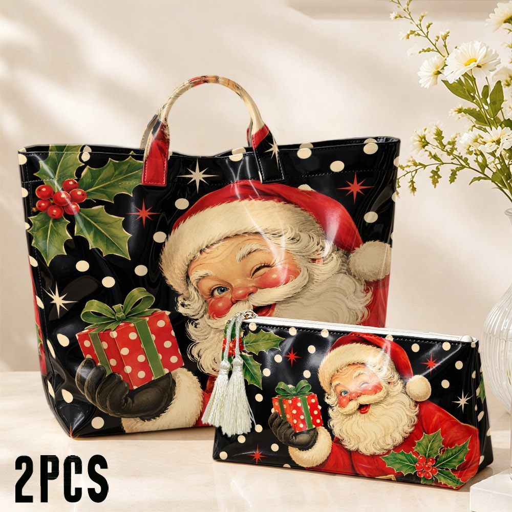 2pcs Hand Tote Bag And Makeup Pouch Set With Black Polka Dot Background, Vintage Santa Claus, Gift Box, And , For Nostalgic Christmas, Holiday Shopping, Gift Sorting And Cosmetic Storage