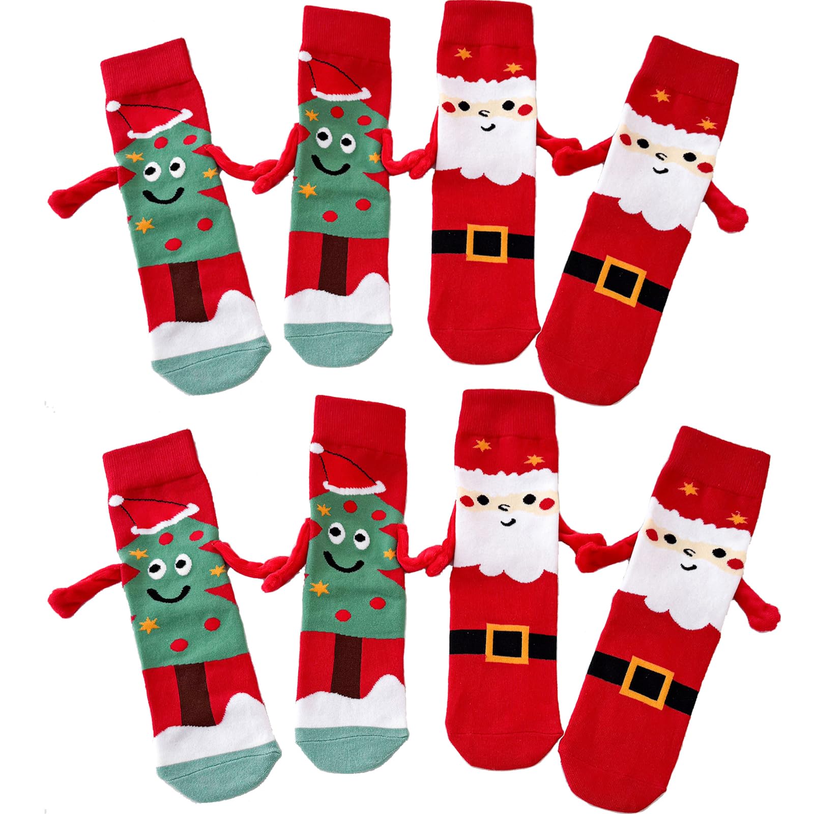 TEMU 4 Pairs Of Christmas Magnetic Hand Holding Socks, Cute Santa Claus And Christmas Tree Printed Mid Tube Socks, Fun Interactive Hand Holding