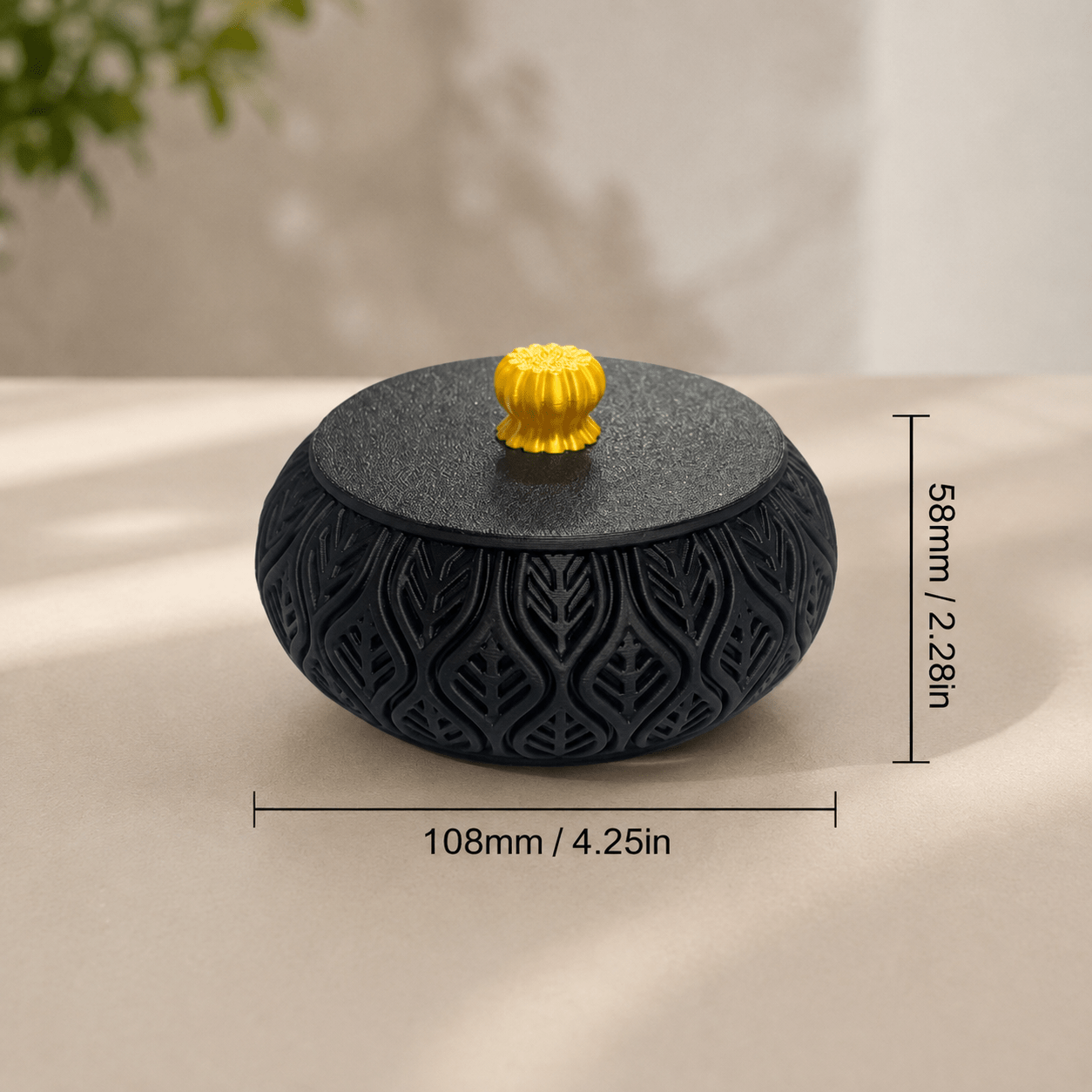 TEMU Boîte de Rangement Ronde Imprimée en 3D avec Couvercle, Organisateur Décoratif à Motif de Feuilles avec Poignée Dorée, Petit Porte-Bijoux et