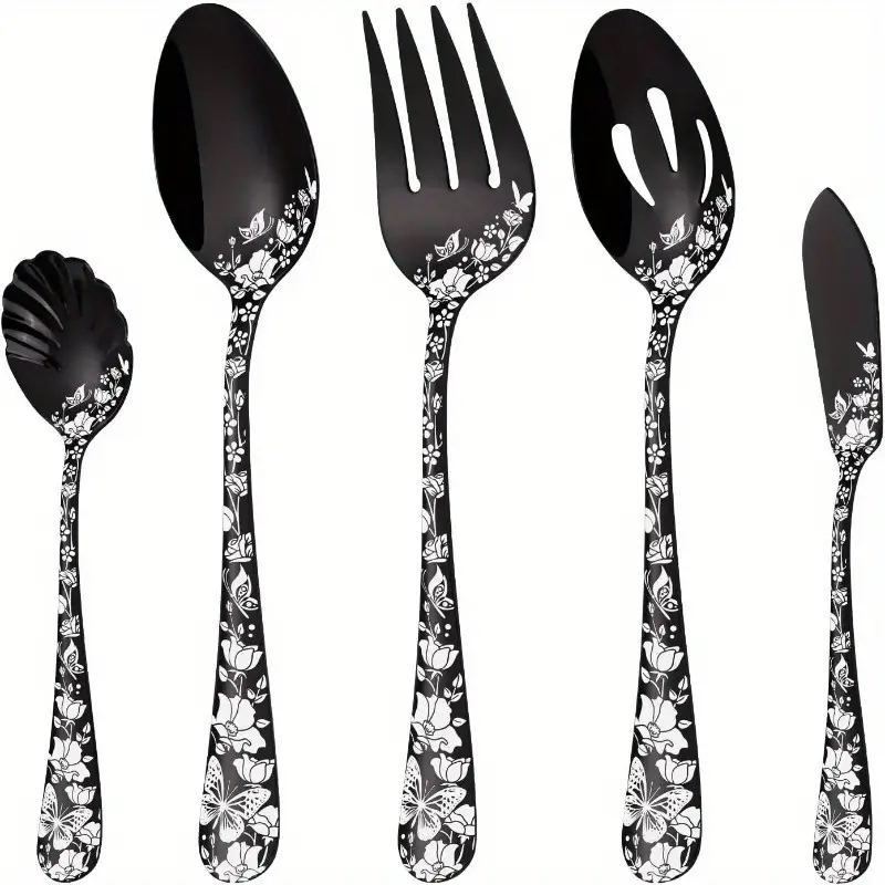 serving utensils set black 5pcs large hostess set stainless steel flatware serving set ideal for buffet catering party polished dishwasher safe Product details 0