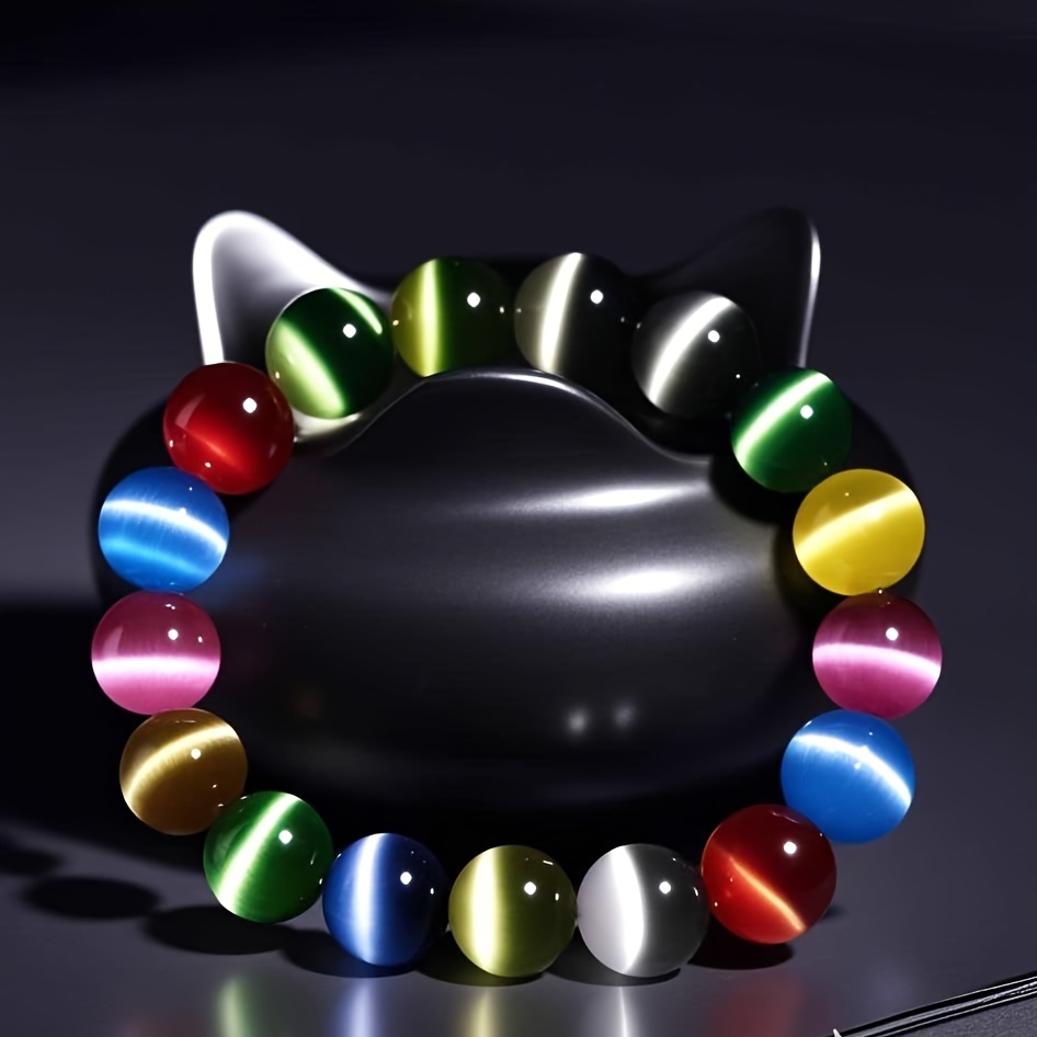 E-shop 10mm Zufällig Gemischte Farben Katzenaugen-Perlen Armband – Lebendige Mehrschichtigkeit, Exquisite Handwerkskunst Glatte Linien, Perfekte