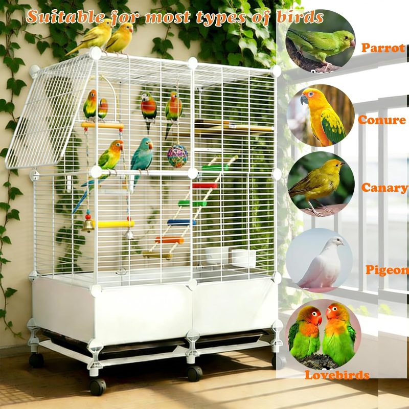 Bird Cage, 101.6cm Large Bird Cage, 2-Tier Widened Movable Parakeet Cage with Wheels, Cockatiel Cage Parrots Conure Budgie Canary Finch Lovebird, Spacious Interactive Bird House with Bottom Tray - Image 5
