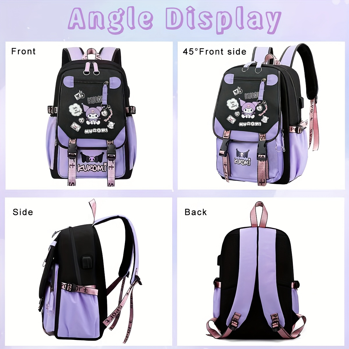 backpack with lunch tote & stickers - gothic cute purple &   with   characters, durable nylon school backpack with usb charging port, multiple compartments & laptop sleeve for teens, adults, college, travel accessories (official   merchandise) Product details 3