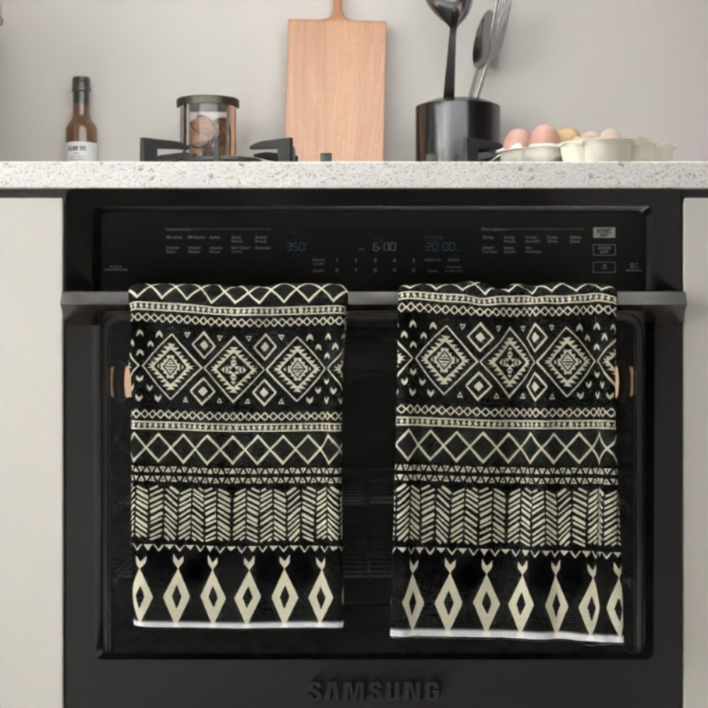 TEMU 2pcs Bohemian Geometric Pattern Hand Towels Super Soft Black And White Ethnic For Kitchen Bathroom Machine Washable Decor Decorative Dish Towels