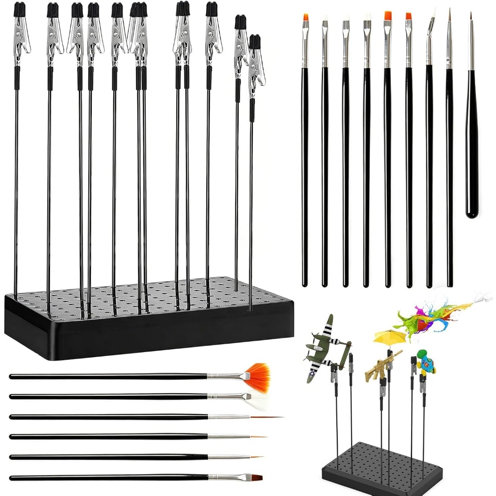 TEMU Model Painting Stand Base + 12 Painting Clips ( Alligator Clip Rods + 15 Paintbrushes), Adjustable Model Fixing Stand, Model Holding Tool,
