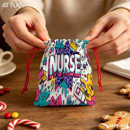 vibrant nurse graffiti print drawstring gift bags 10pcs colorful polyester party favor pouches with fun doodle elements ideal for nurse and daily gift packaging