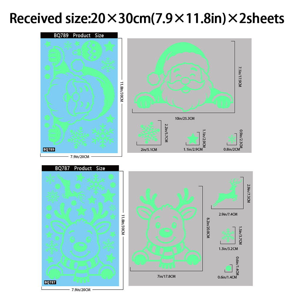 TEMU 2 Sheets/set Glow In The Dark Christmas Window Cling, Santa Claus And Reindeer Static Sticker, Luminous Xmas Snowflakes Stars Vinyl Decal For