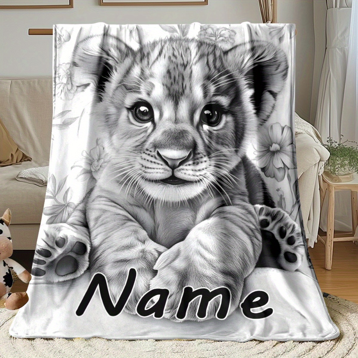 TEMU 1pc Of Cute Black And White Lion Personalized Name-printed Portable Blanket- Lightweight Blanket Suitable For Sofa, Travel, Camping, 1, Living