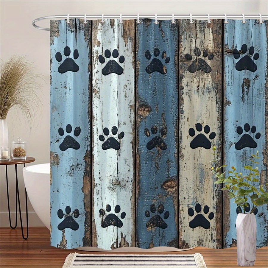 TEMU 1pc Weathered Wooden Fence Shower Curtain With Prints - Rustic Distressed Paint & Natural Wood Texture, Pet-themed Bathroom Decor, 70.86x70.86