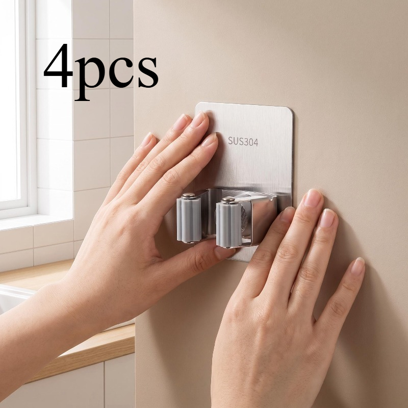 TEMU 4pcs Stainless Steel Punch-free Mop Clip Wall Hanger, Nail-free Adhesive Backing, To Punch Holes, Bathroom Mop Storage, Balcony Cleaning Tool