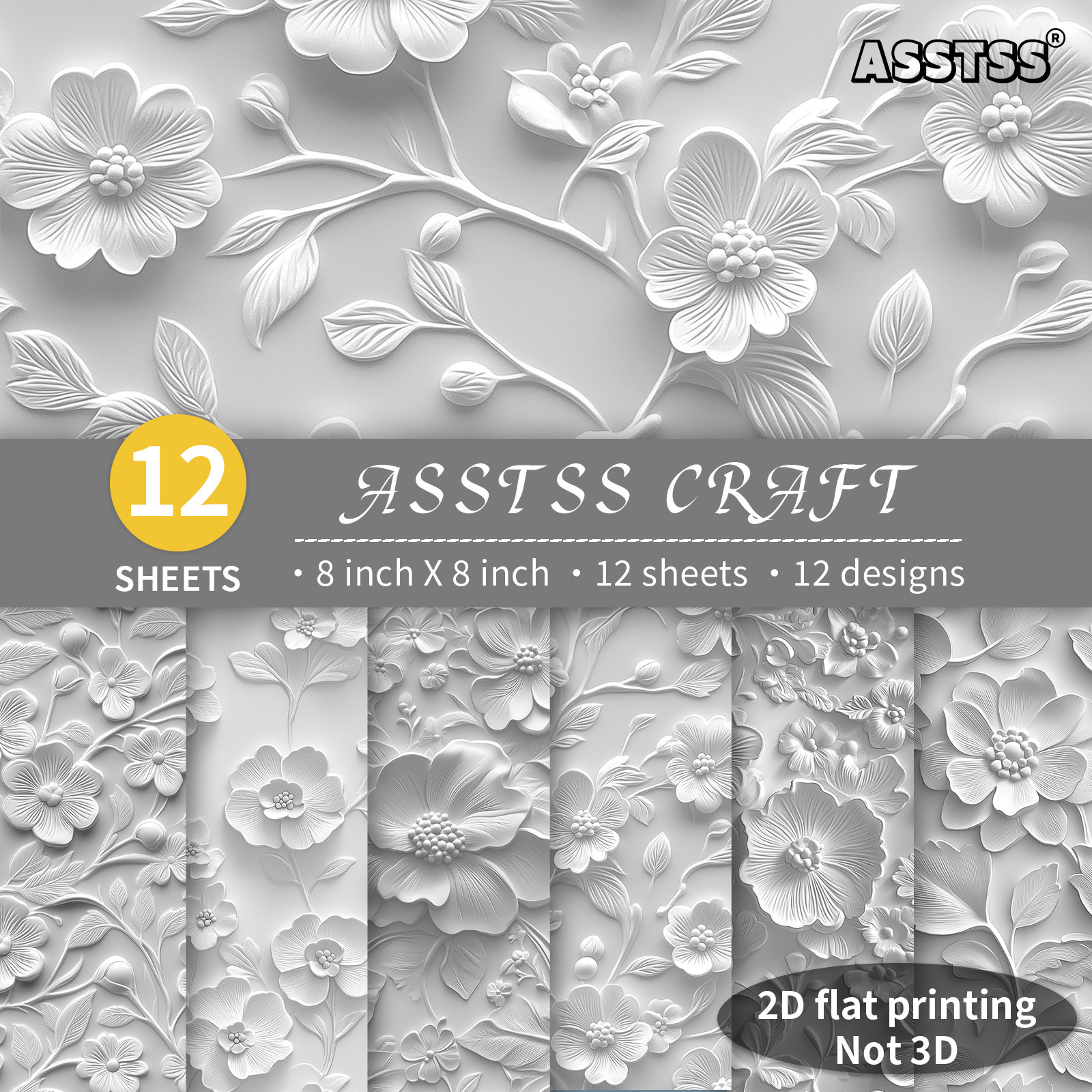 TEMU 12-sheet Asstss 8*8-inch Scrapbooking Paper Pad, Plane/2d Silvery-gray Relief Flower Floral Style Backing Paper Supplies, Heavyweight Cardstock