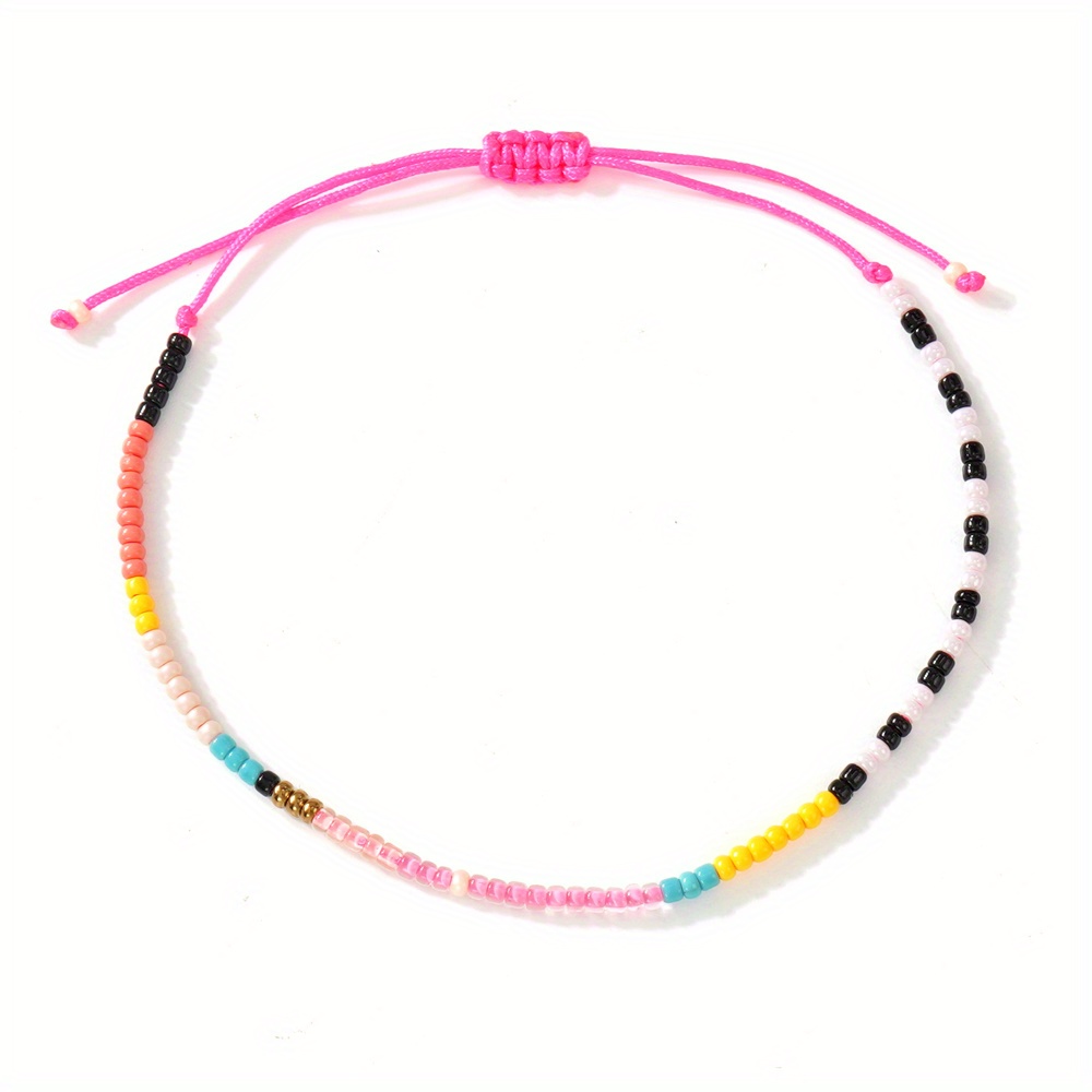 Image of 1pc Bohemian Ocean Minimalist Style Fluorescent Rose Beaded Bracelet, Beach Vacation Ethnic Style Contrast Color Elastic Cord Versatile Wrist Accessory, High-quality Women's Jewelry, Tennis Gift