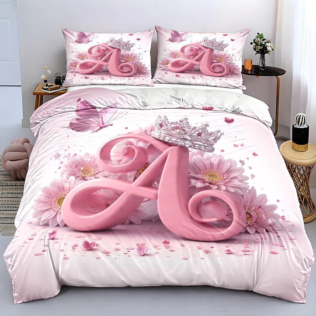 TEMU 3pcs Pink Letter A Duvet Cover Set, Bedding 3pcs Set (1*duvet Cover   2*pillowcases), Suitable For , Machine Washable, With Hidden Zipper,