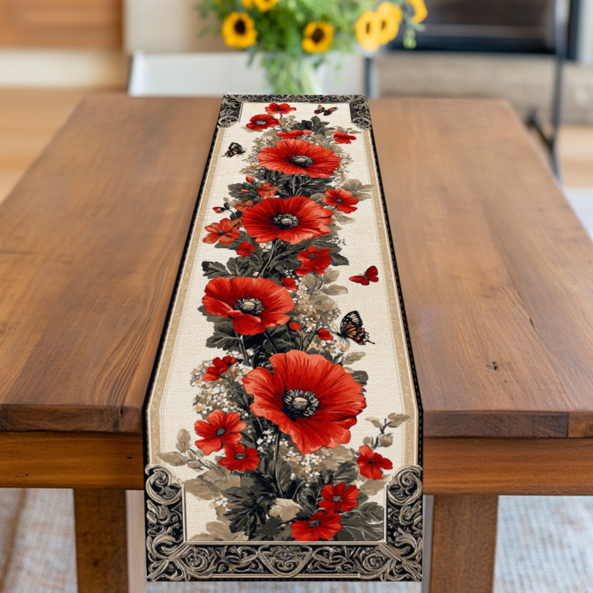 Image of 1pc Of An Elegant Vintage Floral Table Flag Cloth, As A Tablecloth. It Features A Beautiful Red Poppy And Design With Black And White Border