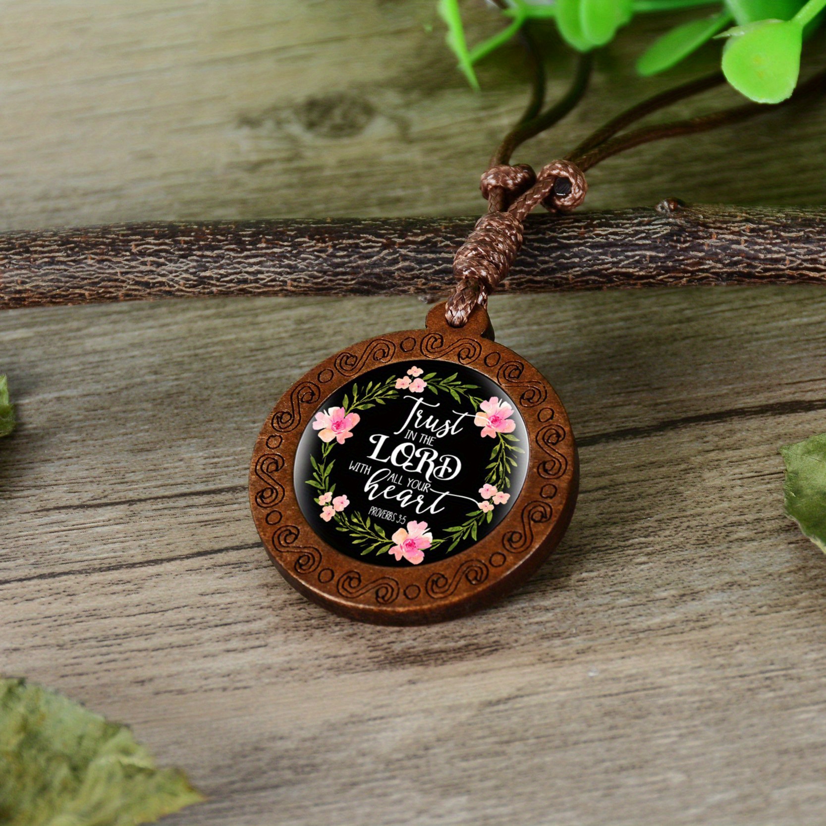 Inspirational Bible Verse Wood Glass Cabochon Necklace