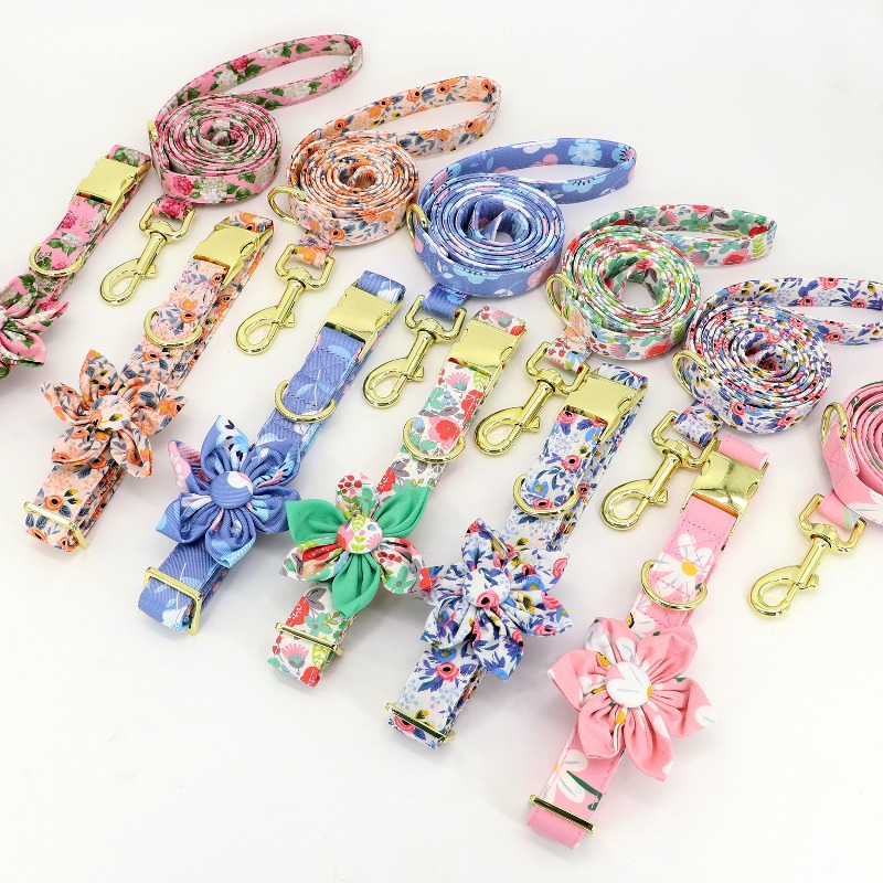 Customizable Floral Print Dog Collar and Leash Set