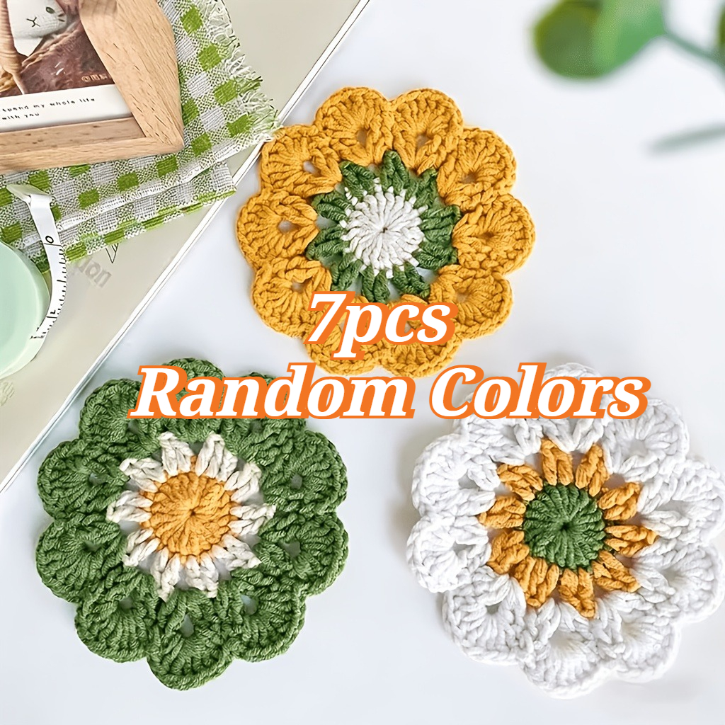 TEMU 7pcs 7pcs Pcs Handcrafted Crochet Coasters Suitable For , Thick Desk Protectors With Random Color Yarn Cup Mats, Decorative Knitted Table