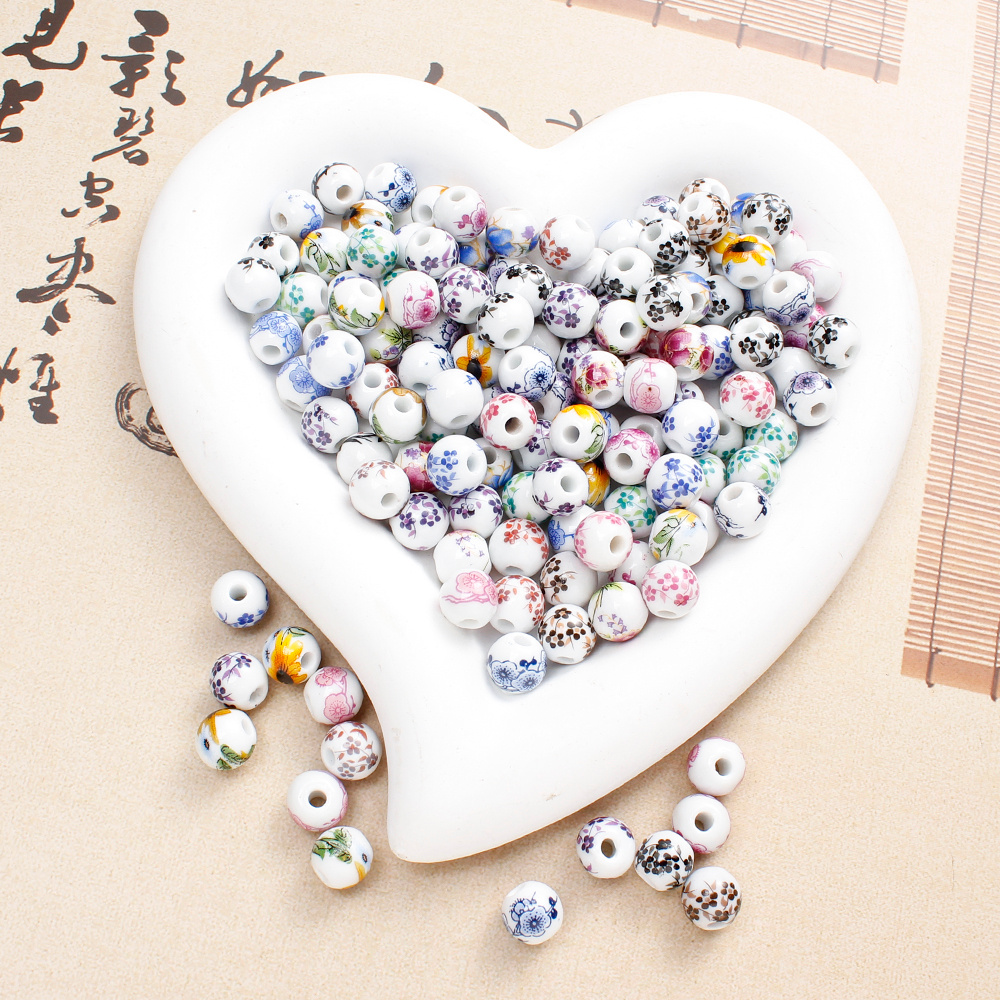 30pcs Fresh Floral Plant Printed Ceramic Loose Beads for DIY Making