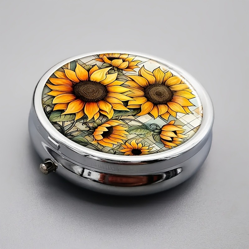 TEMU Sunflower Pill Metal Storage Box With 3 Compartments, Portable Medicine And Vitamin Pill Box, Suitable For Carrying In A Pocket Or Purse, Pill