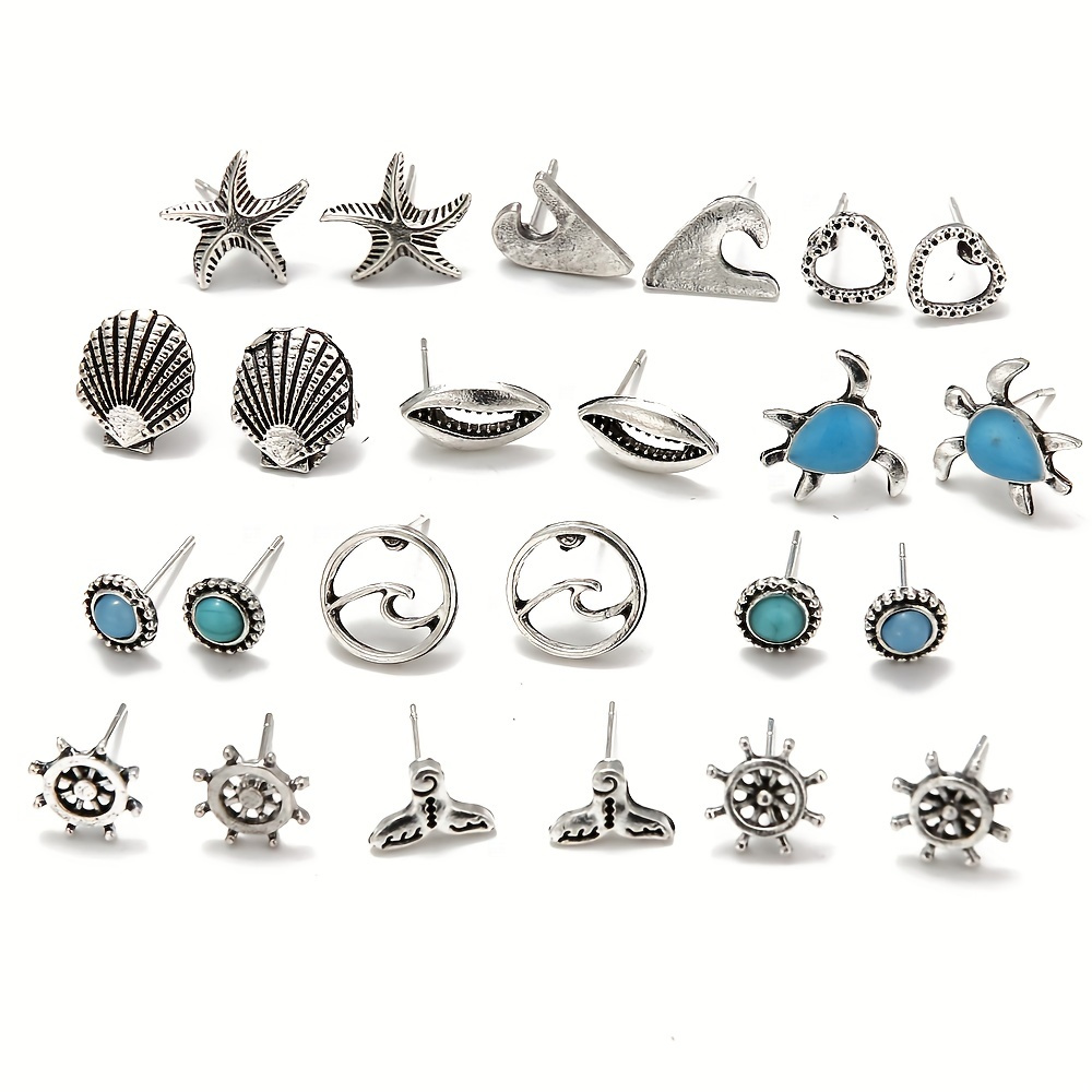 Image of 12 Pairs Of Fashionable Turtle And Starfish Shell Design Earrings Set Suitable For Women' Wear