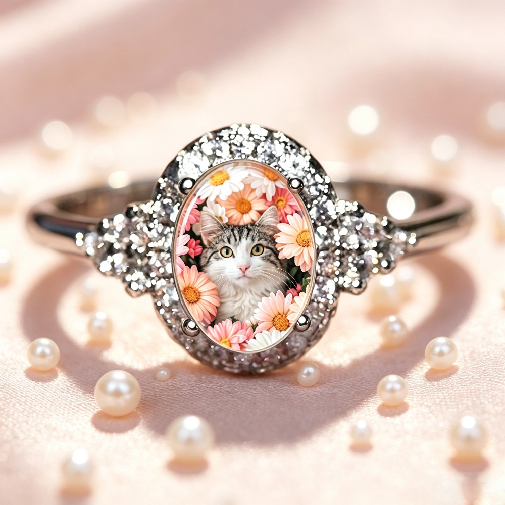 Women's Silvery Oval-Shaped Kitten Ring with Colorful Daisies