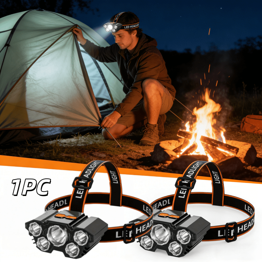 E-shop 5-LED Stirnlampe, USB-Freisprech-Taschenlampe, 4- LED-Stirnlampe, tragbare Outdoor-Stirnlampe, verstellbarer Winkel,