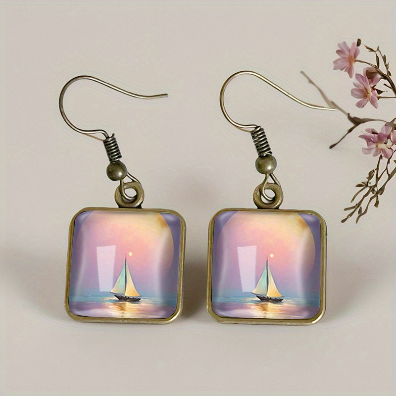 Vintage Square Earrings with Sunrise Sailboat Design