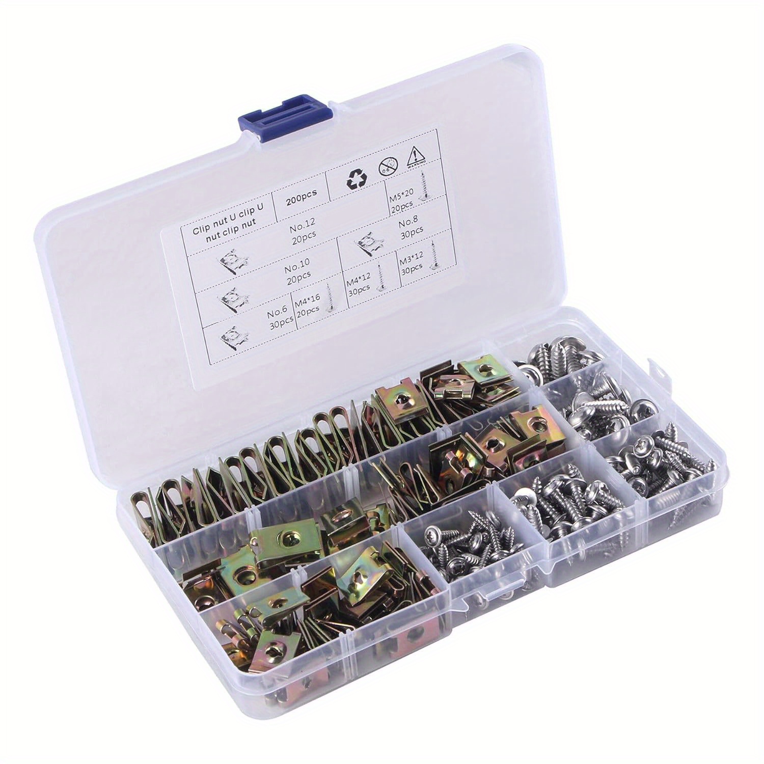 Image of 200pcs U-type Sheet Nuts With Screws, Stainless Steel Metal Nuts Assortment Set, Snap Nut Set, For Fixing Car Decorative Plate, Bumper