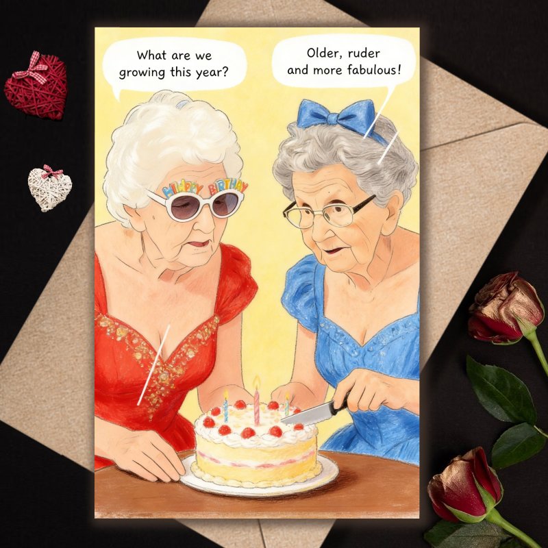 TEMU 1pc Funny Birthday Card With Envelope | Ideal For Congratulating Any Occasion, Features 2 Elderly Celebrating Birthday With Cake, Best Friend
