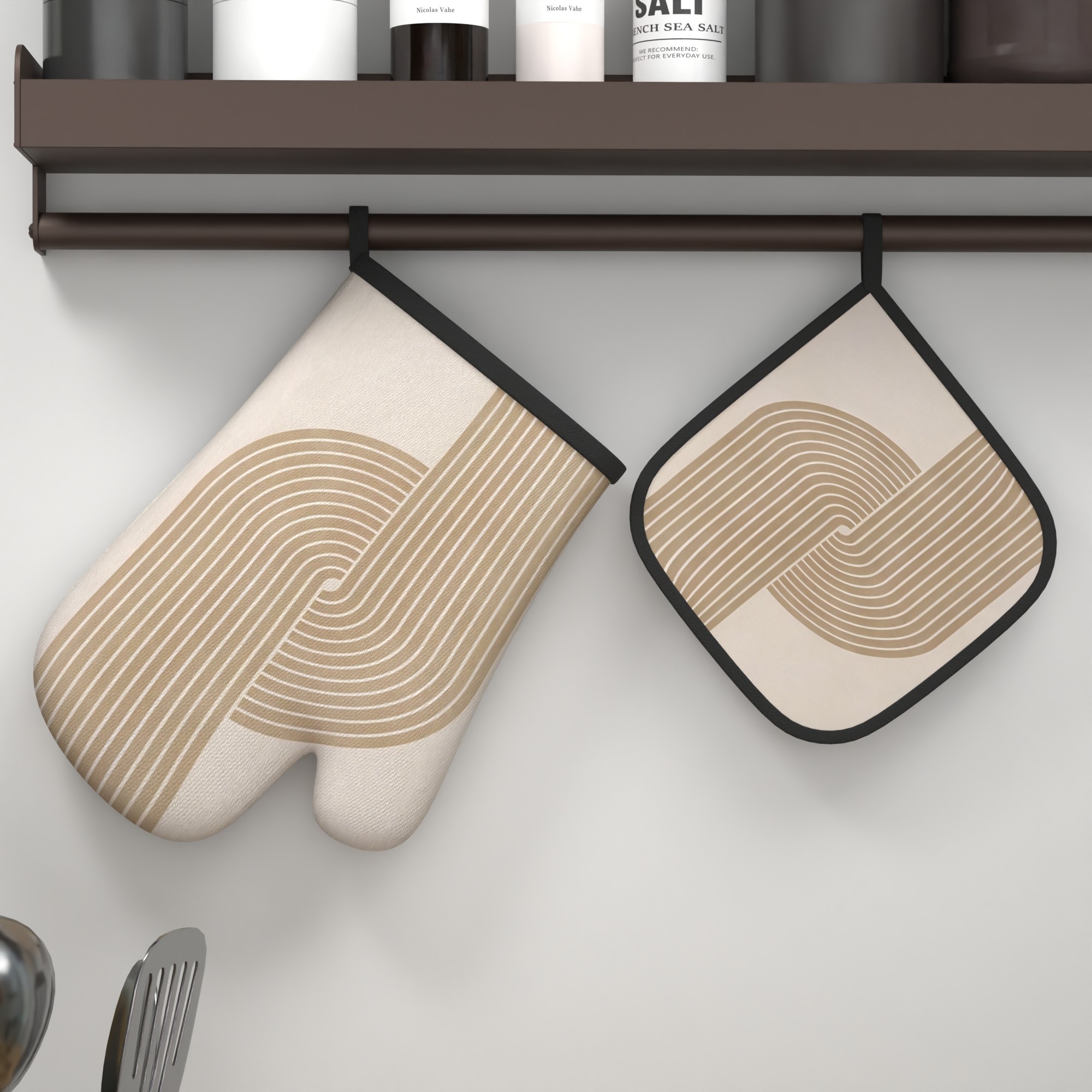TEMU 2 pezzi 10..7 Pollici Guanti da Resistenti al Calore e Sottobicchiere, Lineare Beige Astratta, Motivi Geometrici, Curve, Guanti da da Cucina,