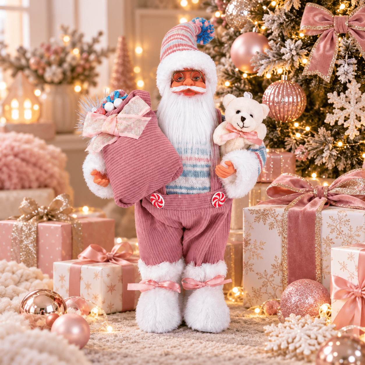 TEMU Figurine de Père Noël Rose, Tenant un et un Ours en Peluche, Statue de Père Noël Style Nordique, Décoration de Bureau pour les Fêtes, Convient