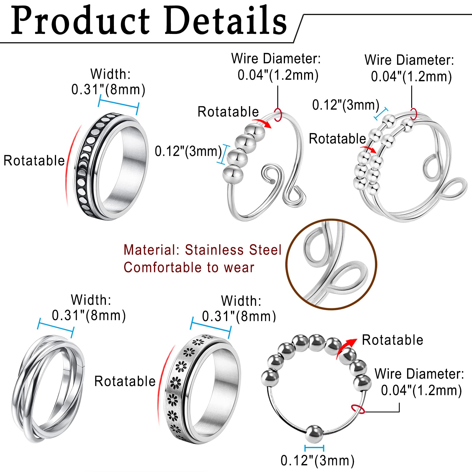   6pcs spinner rings for men women stress relieving anxiety ring stainless steel fidget ring wedding promise band, size 6-11 Product details 0