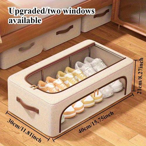 4 season foldable double window shoe cabinet dustproof stackable under bed storage beige linen vintage style suitable for sneakers high heels space saving multi purpose wardrobe and bedroom shoe cabinet neutral decor under bed storage