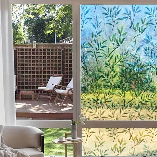 . sichtschutzfolie für fenster mit grünem blatt mondsichel, 3d-klebstofffreier glasaufkleber für büro, badezimmer, wärmeisolations- sonnenschutzfolie