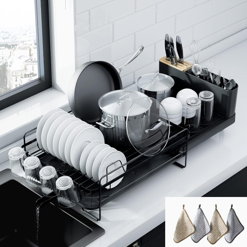 TEMU Set di 5 pezzi Scolapiatti Grande Estensibile - Scolapiatti Estensibile (1 Scolapiatti + 4 Strofinacci 30*30Cm), Scolapiatti Multifunzionale per