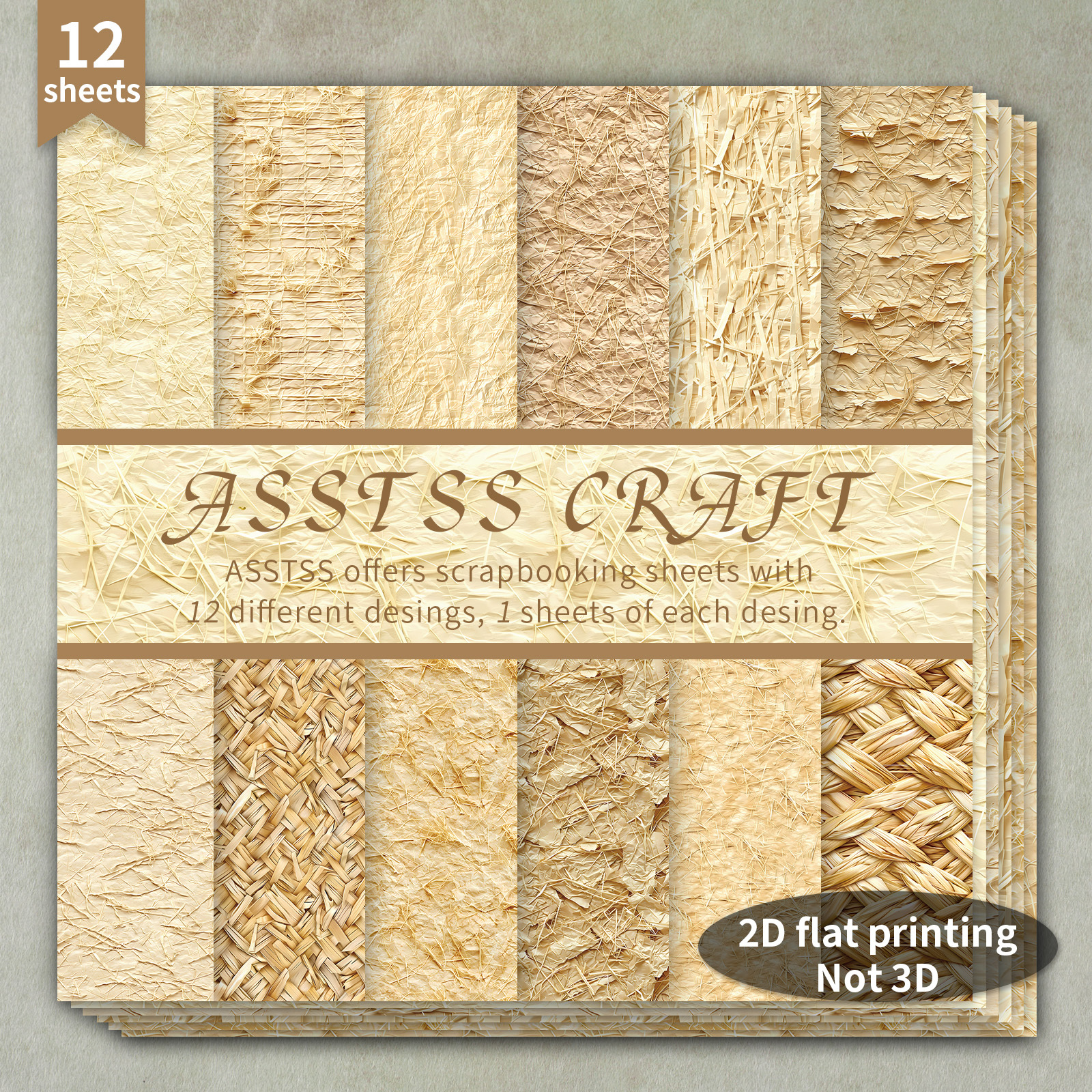TEMU 12-sheet Asstss Inches Scrapbooking Paper Pad, 2d Flat Fiber Textures Light Brown Straw And Paper Rustic Style Backing Paper Supplies,
