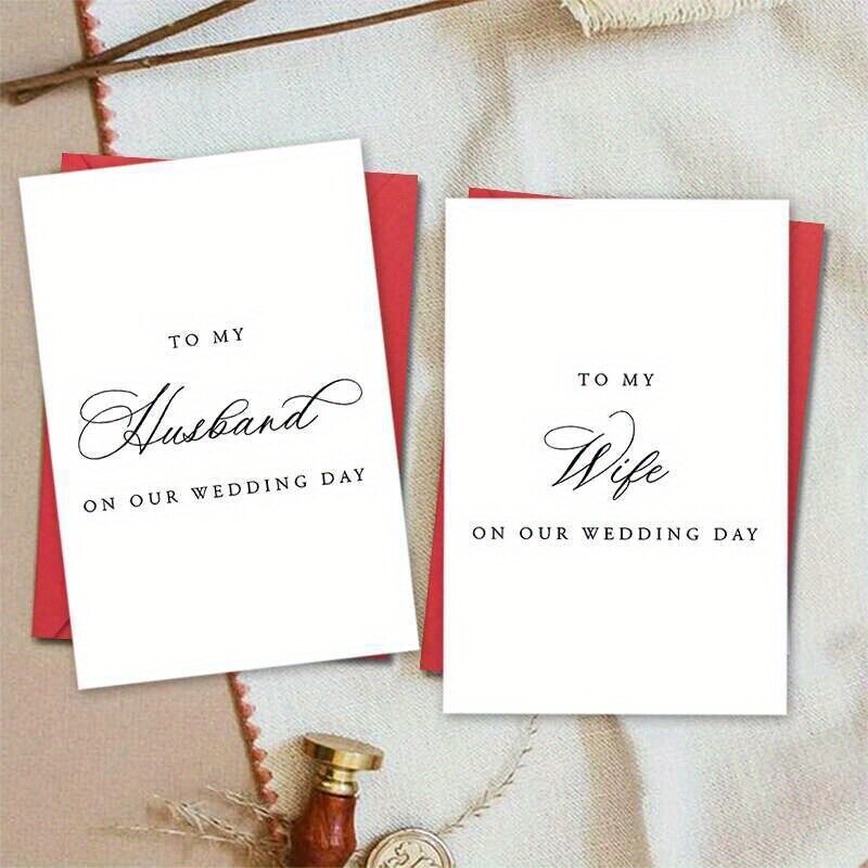TEMU 2pcs Husband And Wife Wedding Greeting Cards, Elegant Black Font On White Background With Red Envelope, Ceremony And Party Gifts, Wedding