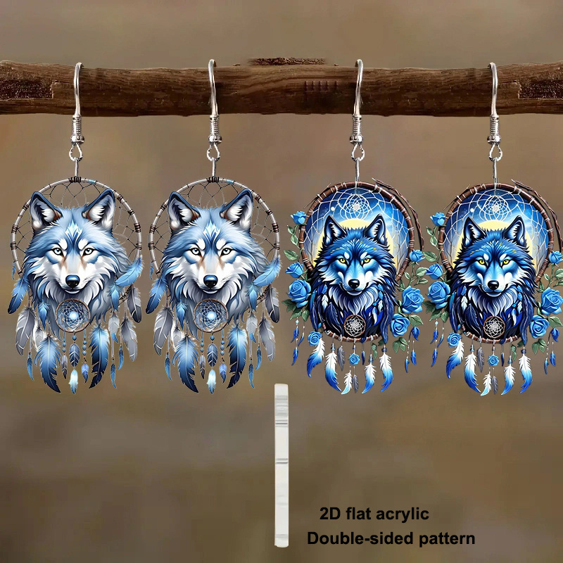 TEMU 2d Flat - A Pair Of Two-dimensional Acrylic Earrings Featuring Bohemian-style Wolf Head Dream Catchers, With Stainless Steel Hooks And No