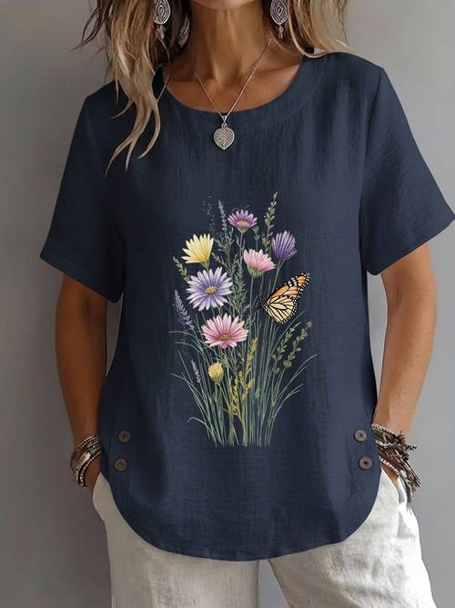spring summer womens clothing watercolor style and print elegant mature casual round neck short sleeve womens top