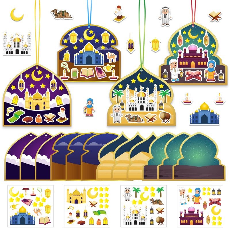 

Diy Ramadan Sticker Handmade Set, 36pcs Of Eid Al-fitr Party Art Decorations, 12pcs Of Background Board +12pcs Stickers+12pcs Silk Ribbon, Art Storage & Transport Supplies