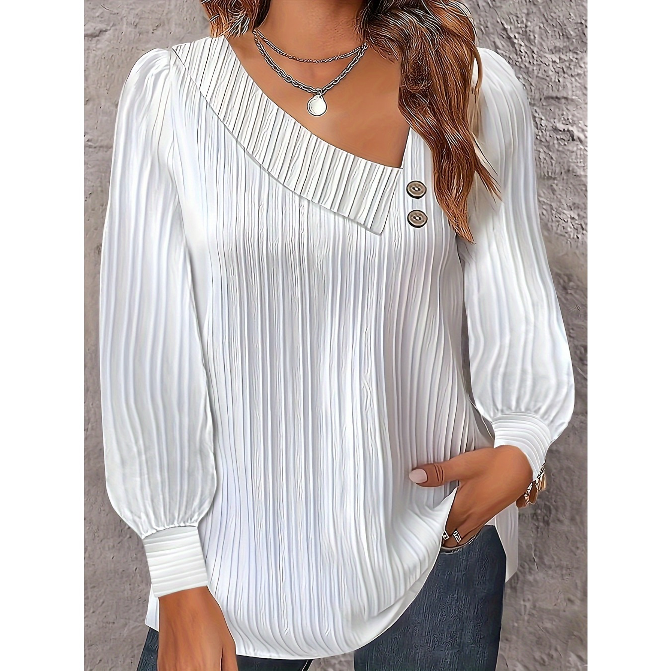 

Size V-neck Blouse With Button Detail - Long Sleeve, Solid Color, Polyester - Machine Washable - Spring & Fall