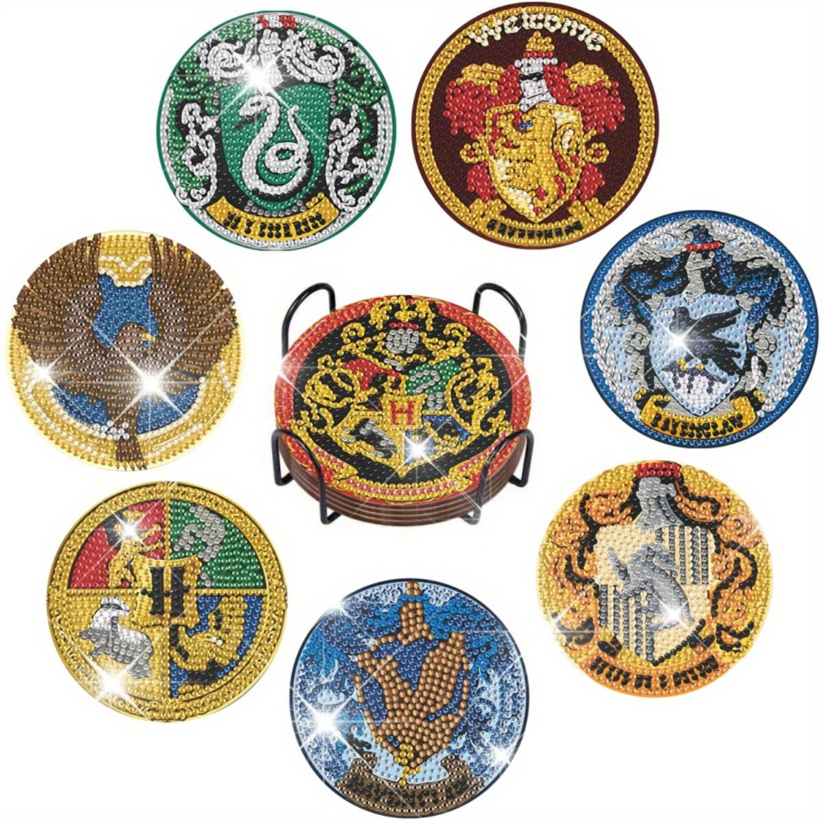 TEMU Officially Licensed By Harry Potter 8pcs Diamond Painting Coaster Set With Holder, Hogwarts House Badge Diy Coasters Kit, Anti-slip Drink