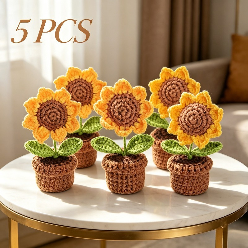 TEMU 5pcs Set Of New Handmade Crocheted Small Sunflower Potted Plants, Yarn-knit Artificial Flower Bouquet, Woven Desktop Decoration, Home Artistic