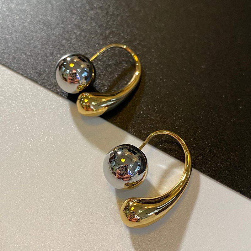 TEMU Pair Of Women'-tone Teardrop Ball Hook Earrings - Irregular Geometric Thick Metal Front Back Pendant, Minimalist Elegant Design For Everyday &