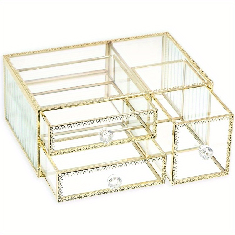360 degree rotating makeup organizer with golden accents 3 drawer vanity storage no assembly needed elegant cosmetic organizer with   drawers for professional or home use perfect gift   enthusiasts   polished   organized lifestyle Product details 1