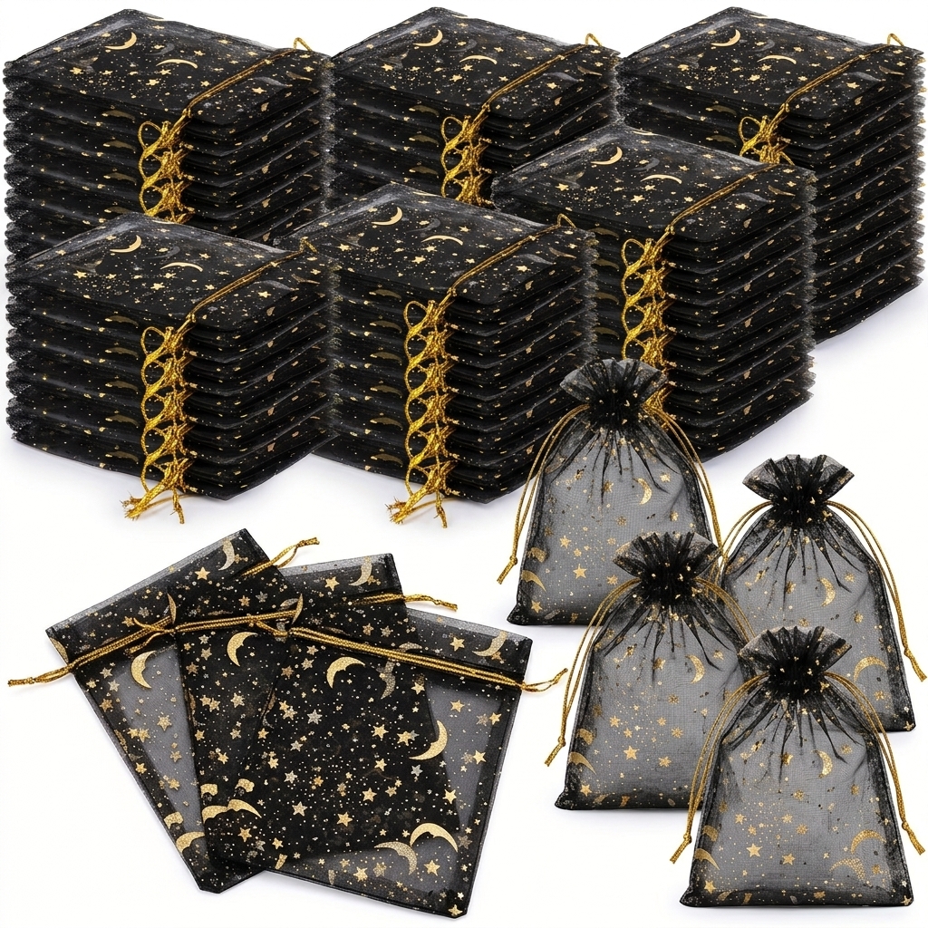 TEMU Lot de 97 sacs cadeaux en organza transparent noir à motif étoiles et avec cordon de serrage, pochettes à bijoux légères et réutilisables,