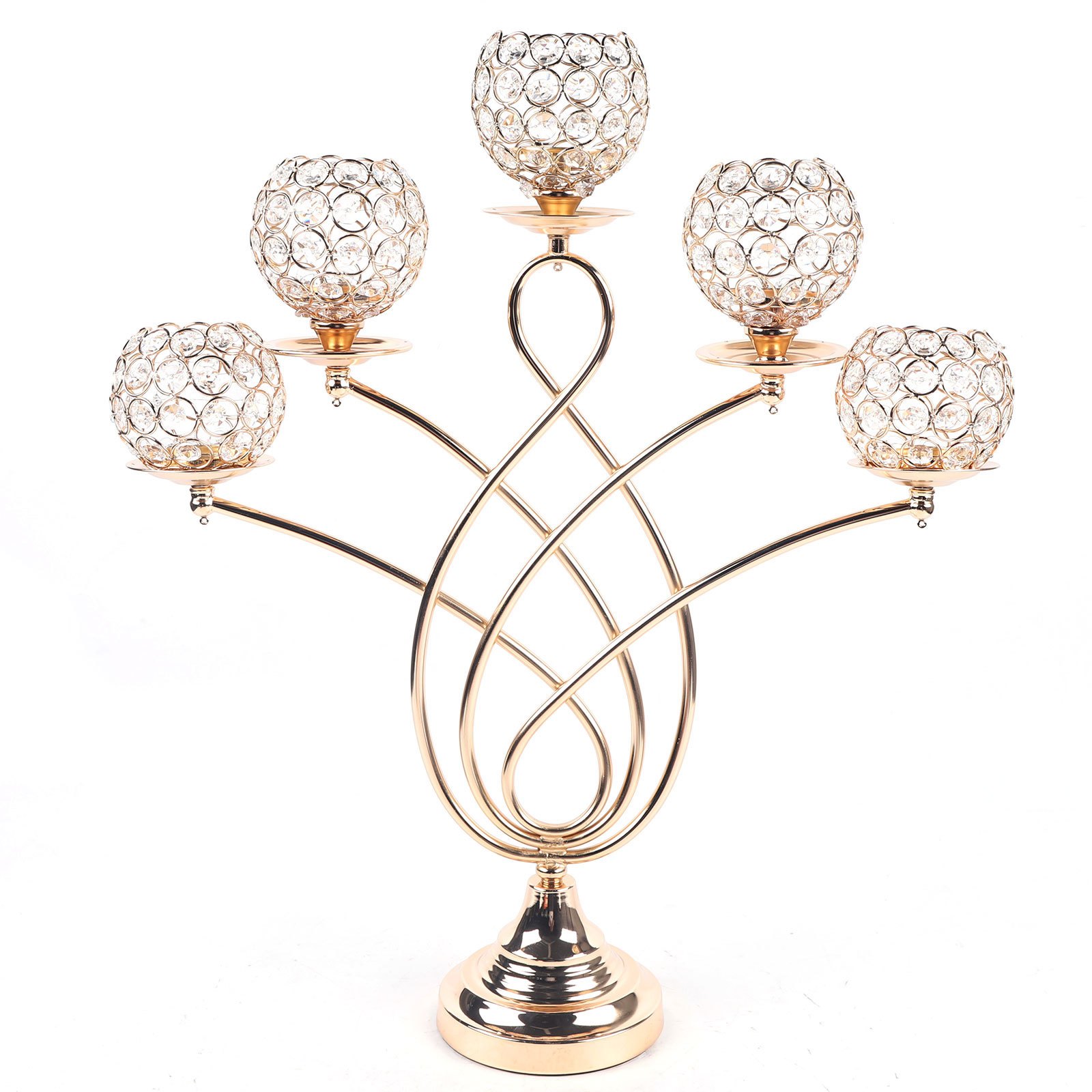 Image of 5-arm Holder, Elegant 24.4" Tall Metal & Crystal Candelabra For Wedding Centerpieces, Valentine's Dinner, Parties, Holds Tea Lights